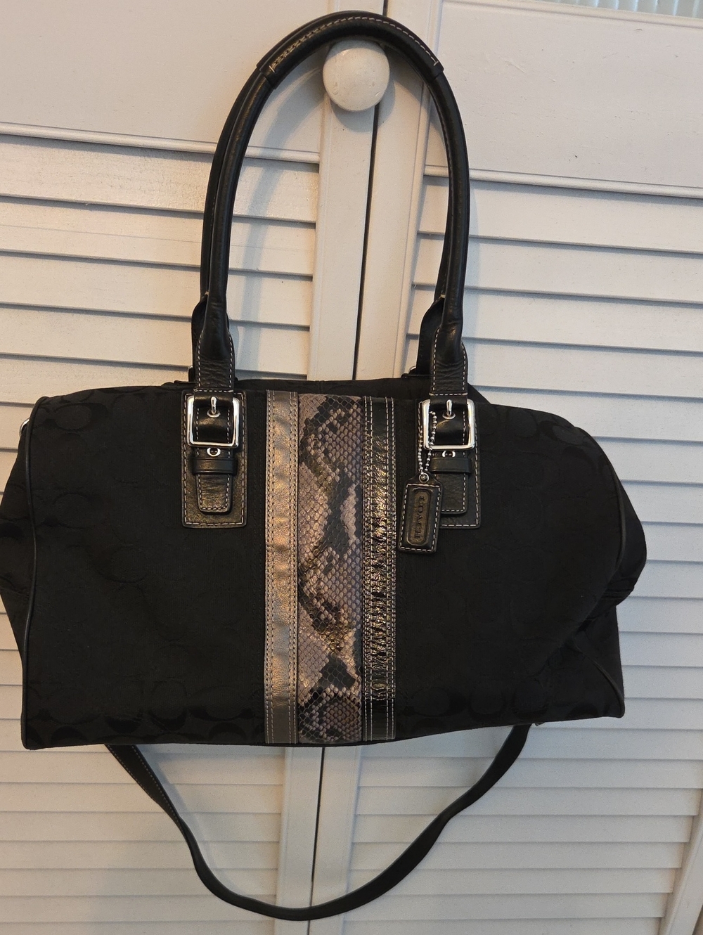 Coach Black Shoulder Satchel with Snake-Print Center Stripe